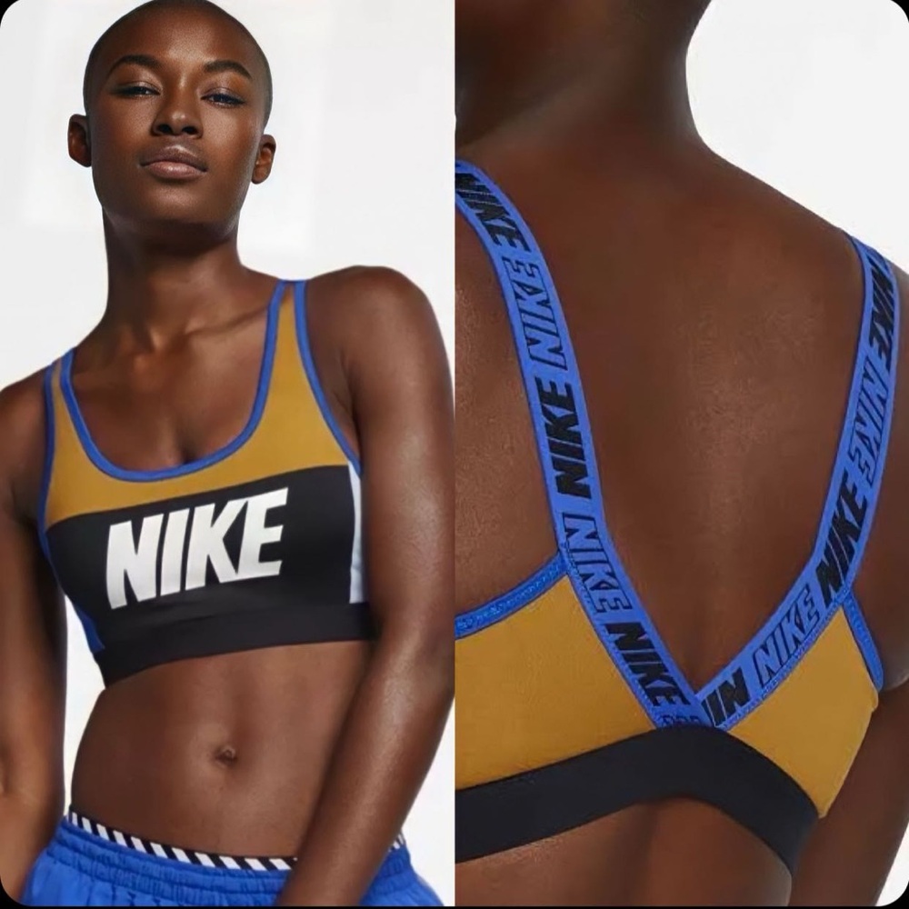 Nike Indy Distort Black Blue Tan Brown & White Color Block Dri-Fit Sports Bra XS